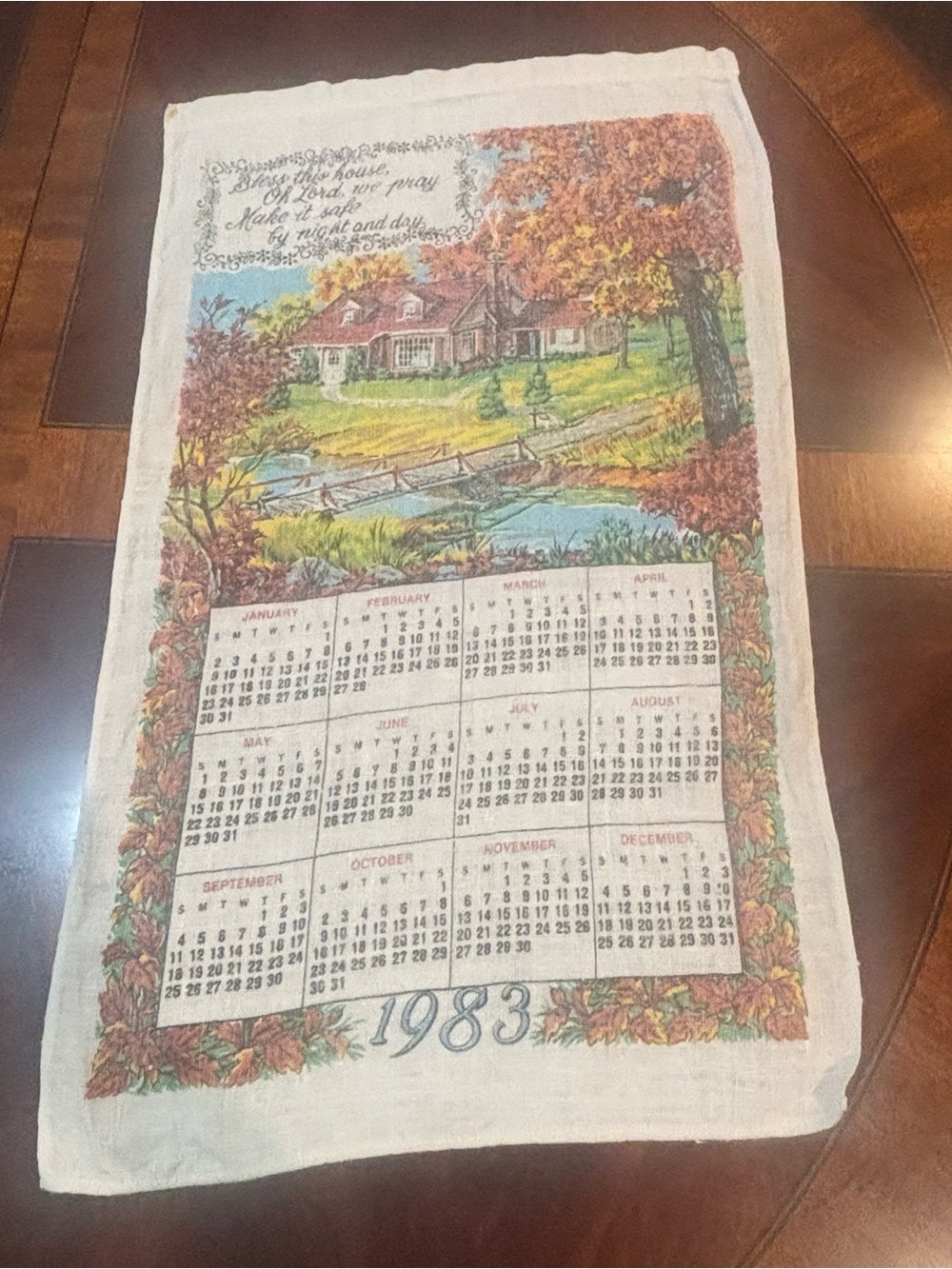 Retro 1983 Linen Calendar Towel Fall Landscape Wall Hanging Americana